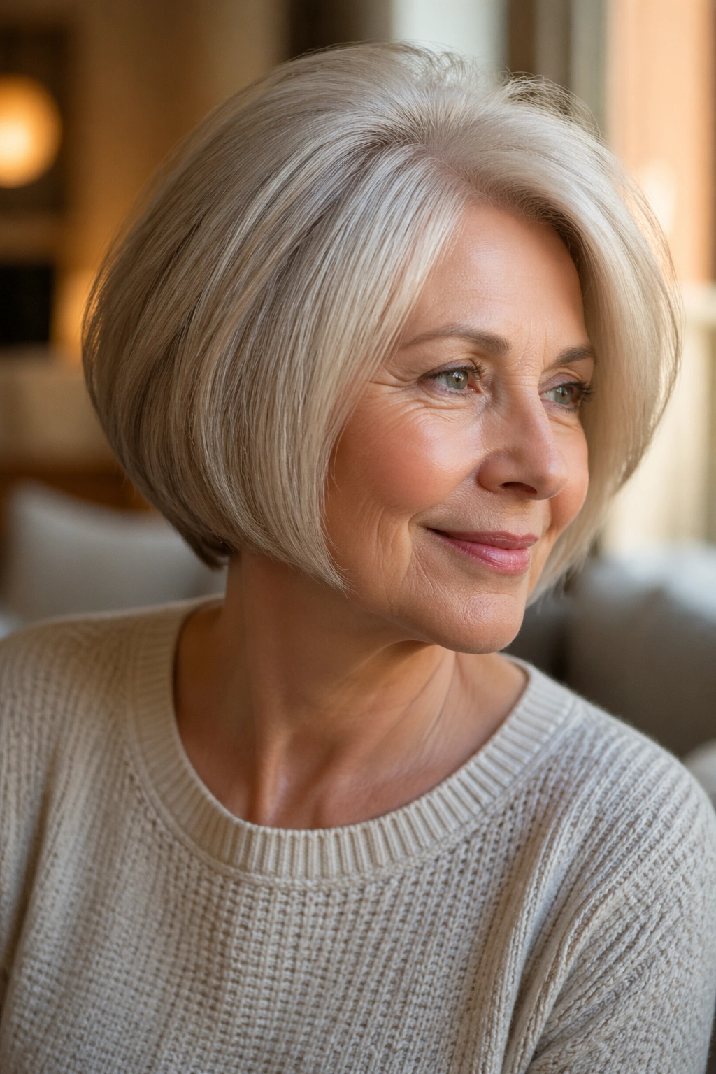 Close-up portrait of an older woman with rounded bob and crown volume, natural light.