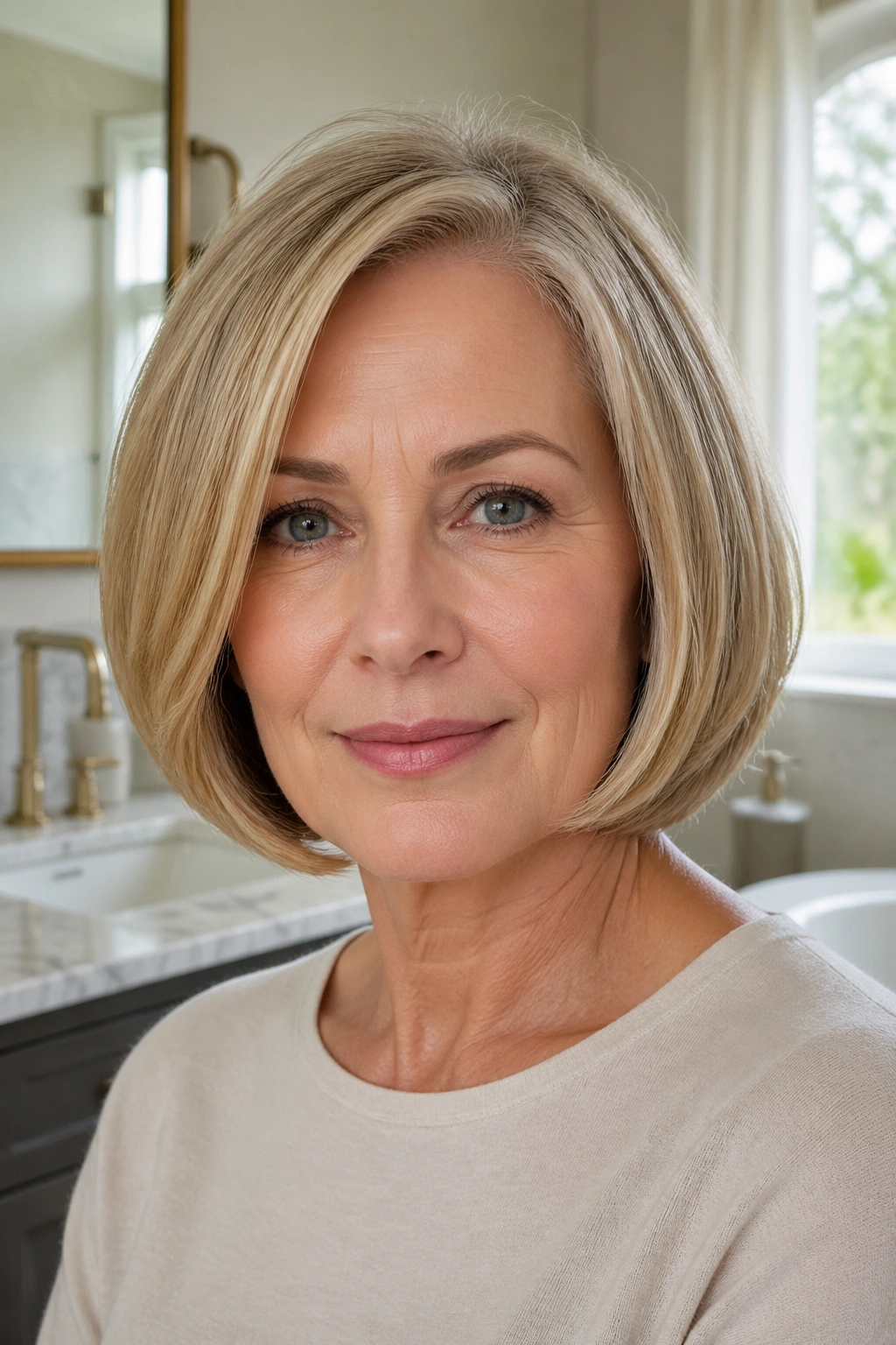 Real woman with rounded bob that curves under