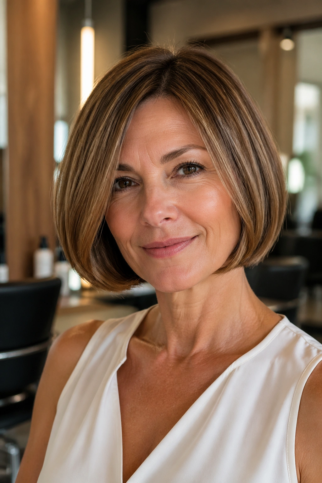 Close-up of a woman with a rounded bob hair style in a bright salon
