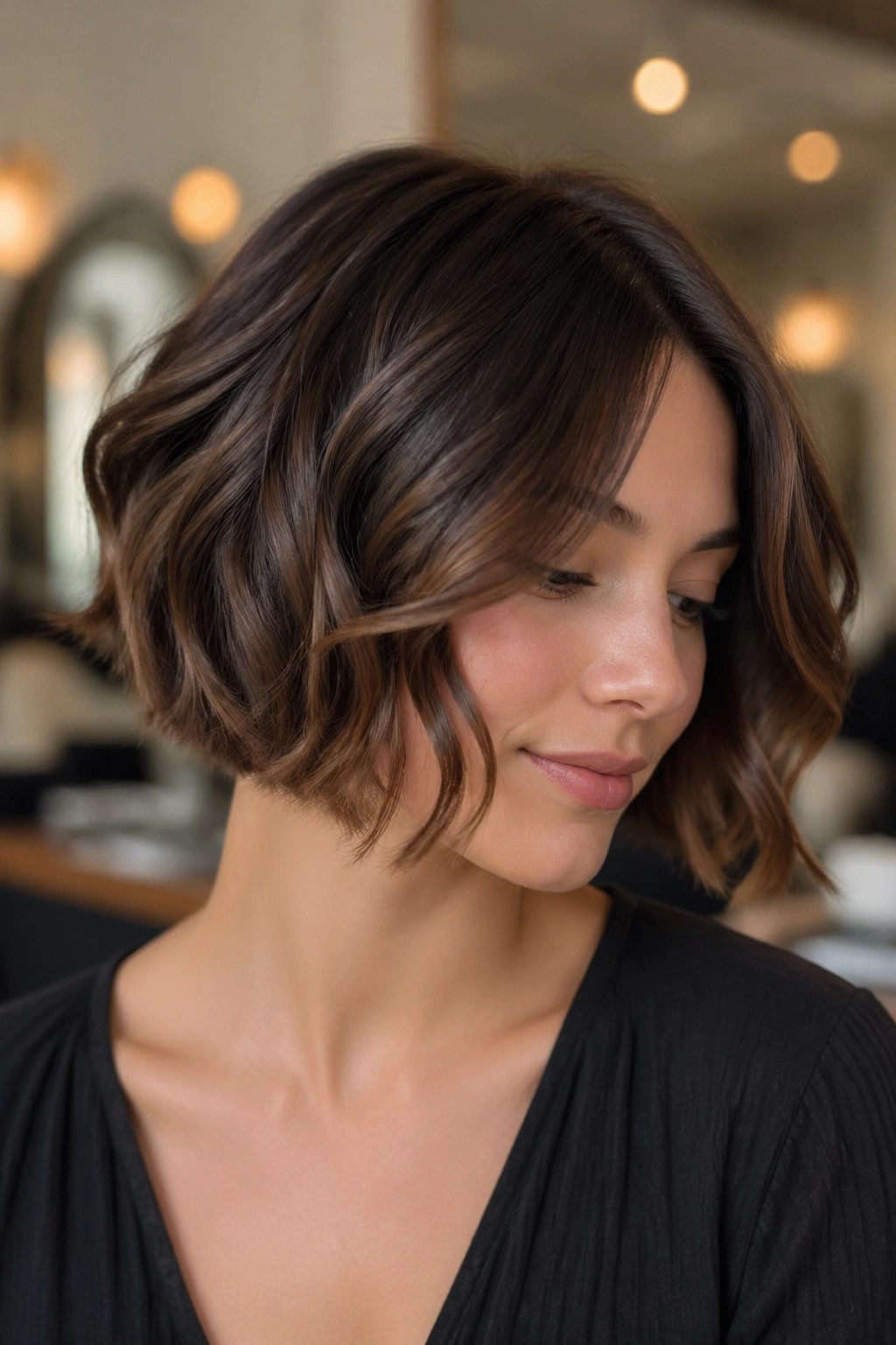 Portrait of a real woman with rounded bob and cheek-framing pieces