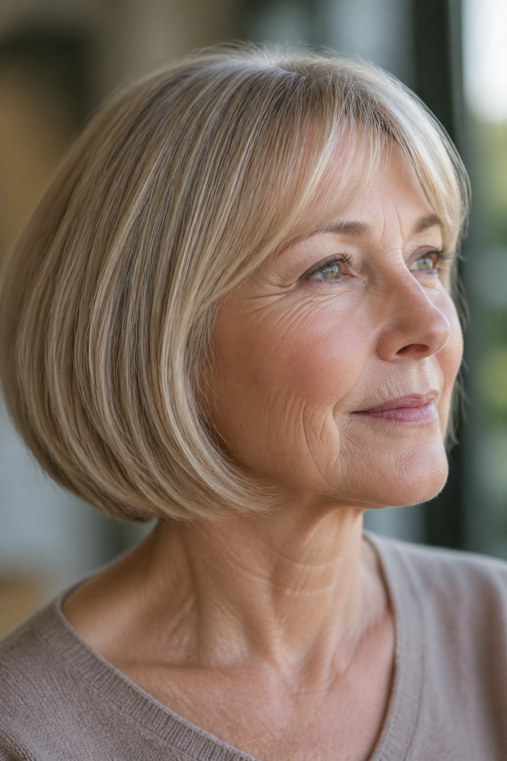 Close-up of a woman with a rounded bob for fine hair