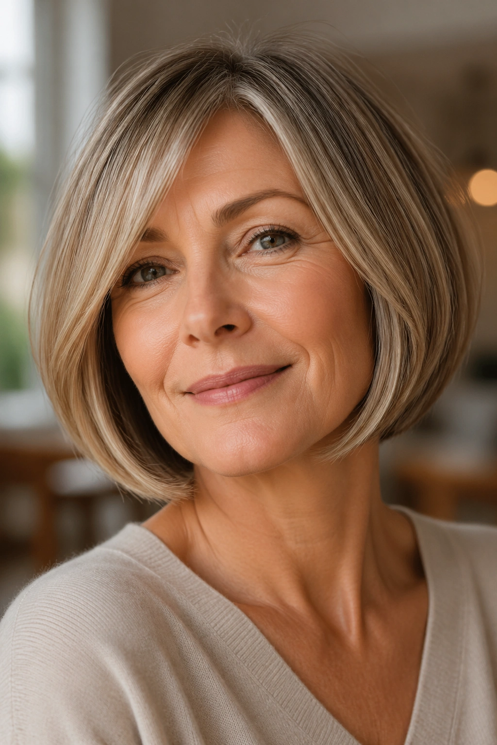 Close-up portrait of a real woman with a rounded bob hairstyle and crown lift.
