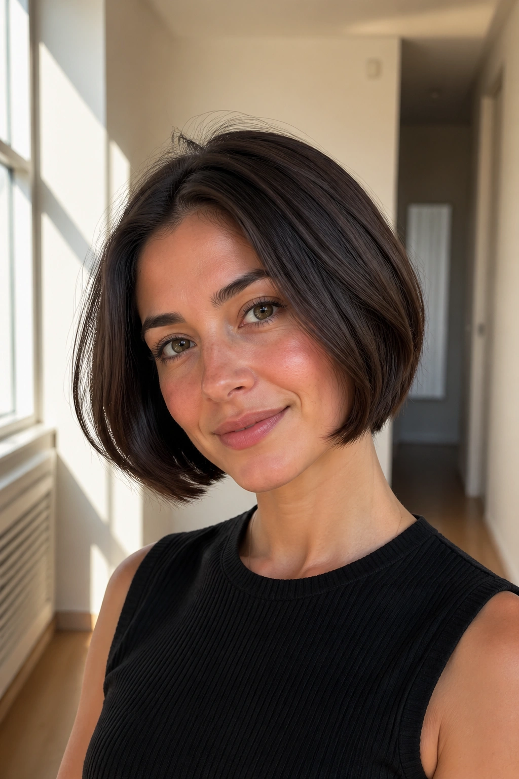 Close-up of a real woman with a rounded bob with internal layers in sunlit hallway