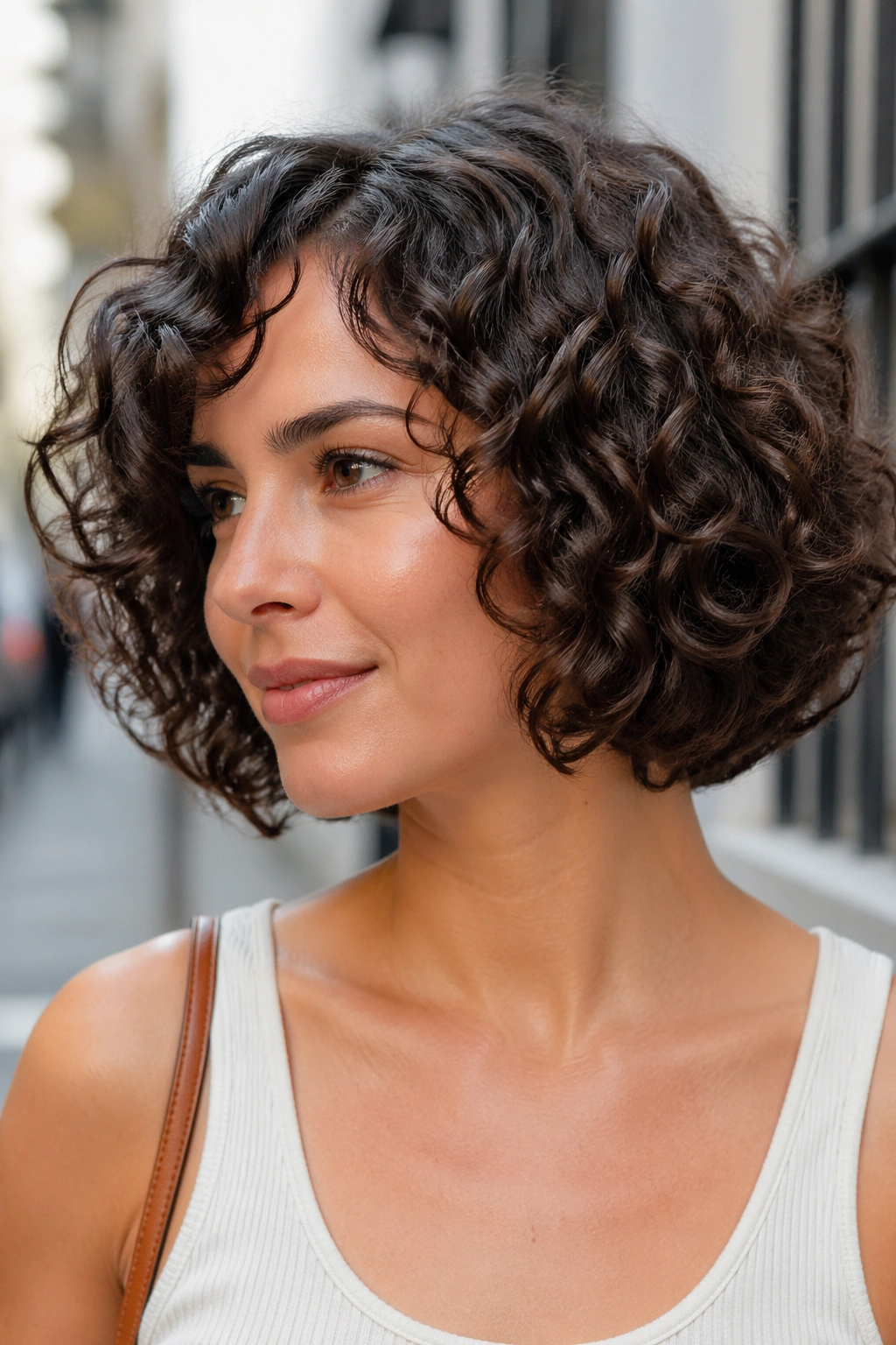 Close-up of a real person with a rounded bob featuring internal layers and lifted crown