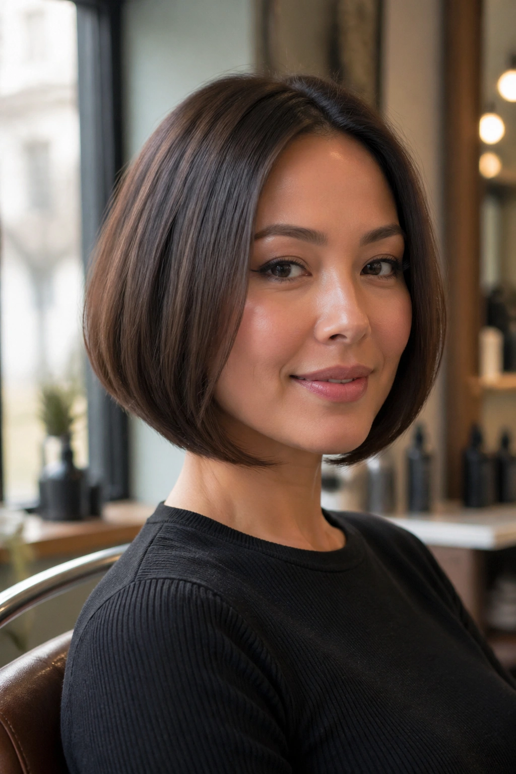 Close-up of a real woman with a chin-length rounded bob on straight hair.