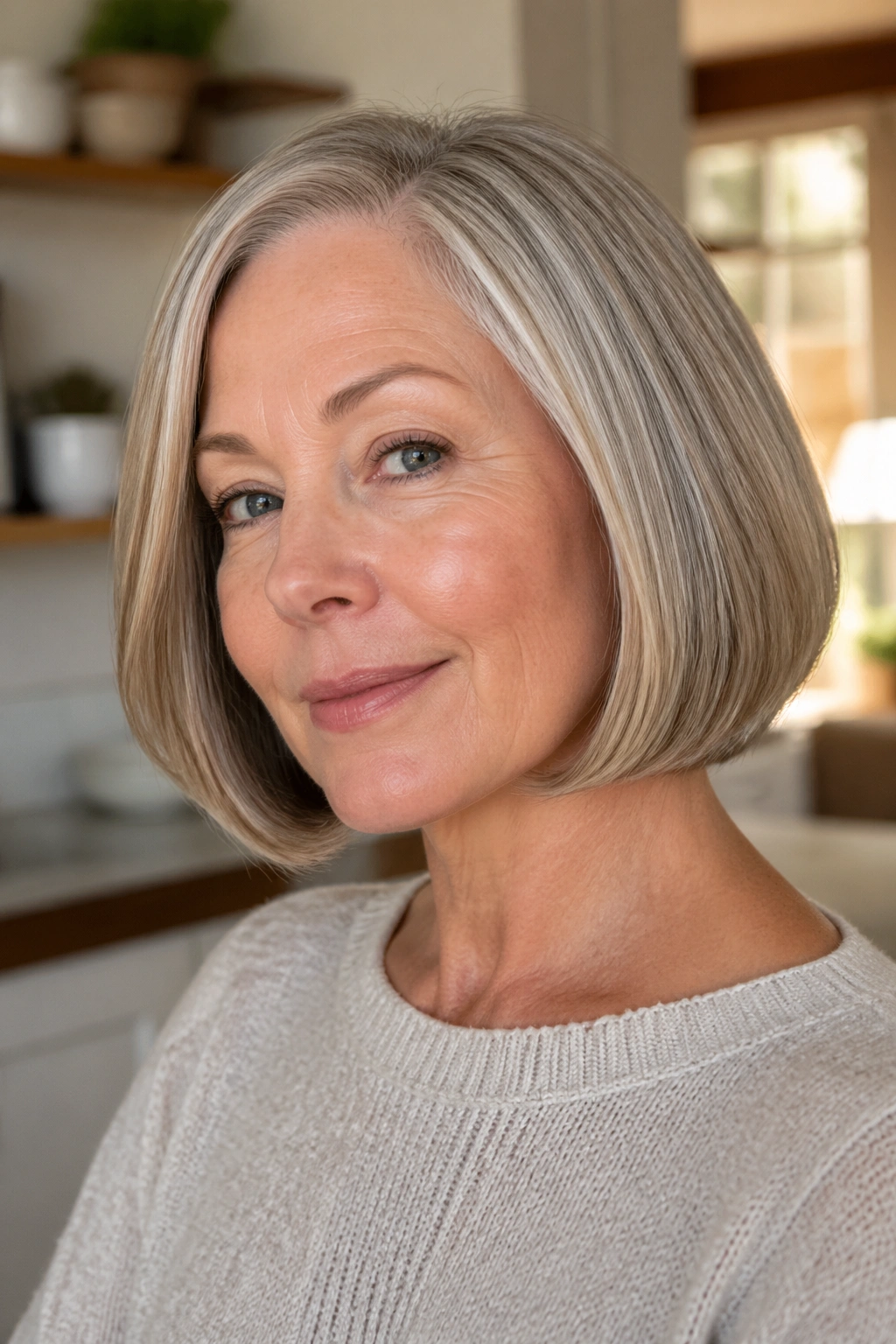 Close-up of a real woman with rounded bob and soft ends in morning light