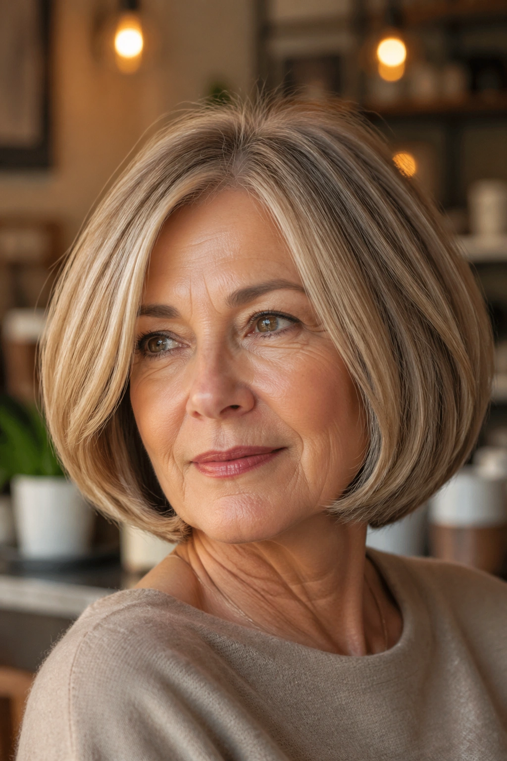 Real woman with rounded bob and tucked-under ends creating volume near cheeks
