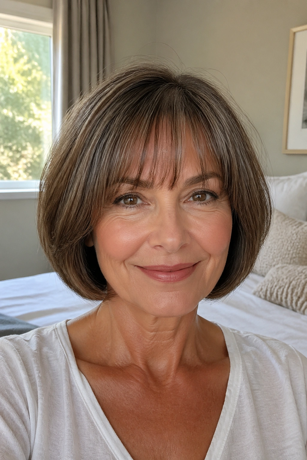 Close-up portrait of a real woman with rounded bob and wispy bangs in natural light