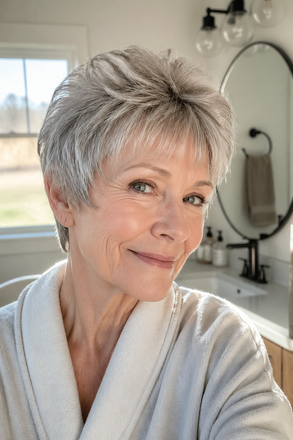 Real woman with rounded crop hairstyle showing crown lift in morning light