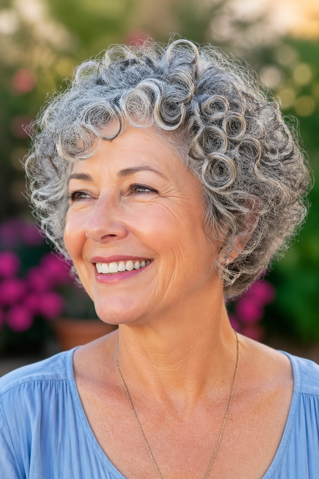 Portrait of a real woman with rounded crop and defined ringlets