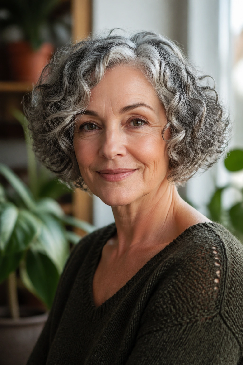 Rounded curly bob hugging jawline portrait of real woman