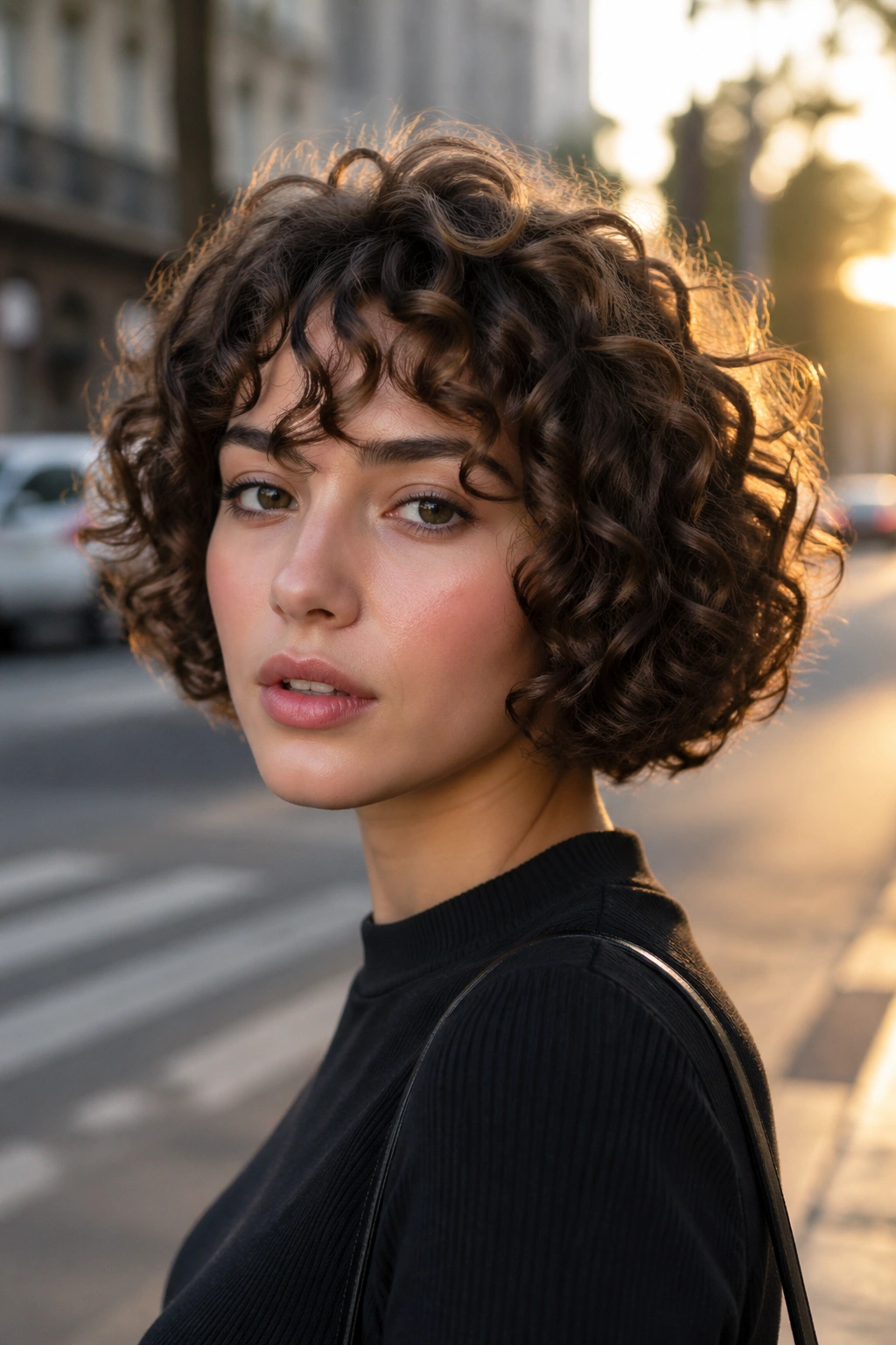 Close-up of a real woman with rounded curly bob under golden hour light