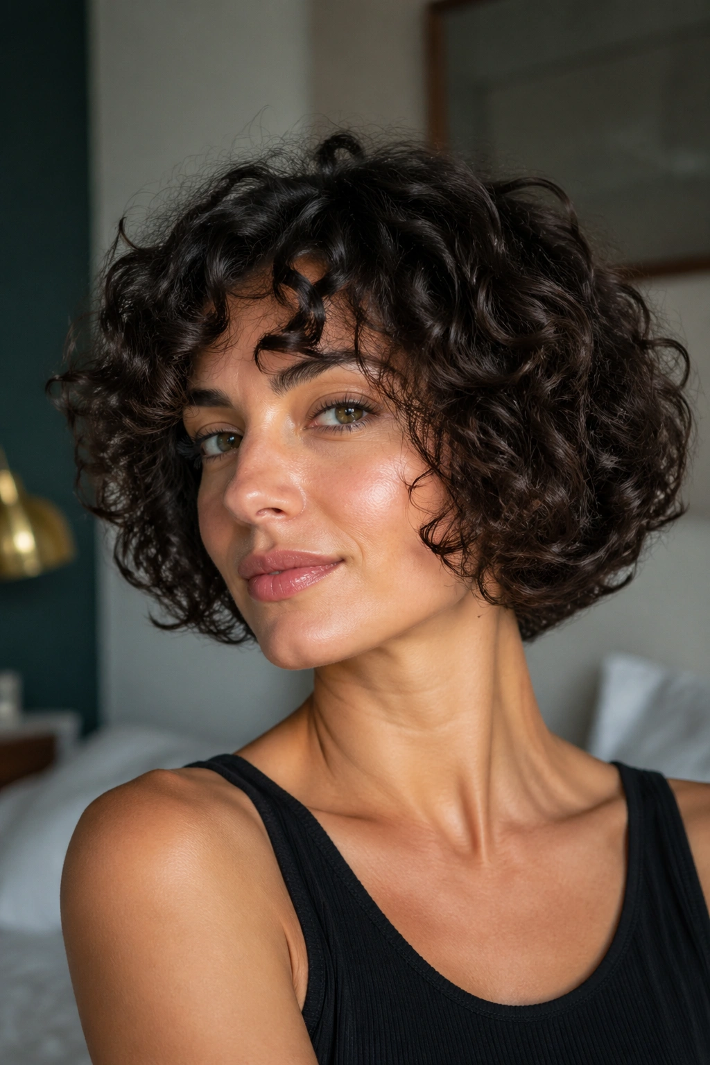Close-up portrait of a real woman with a rounded curly bob under soft window light