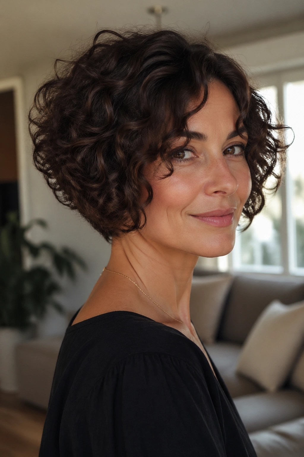 Real woman with rounded curly inverted bob and tapered back