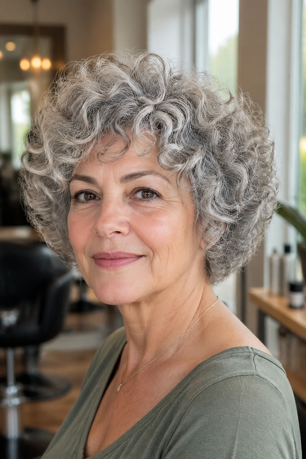 Close-up of a real woman with natural curls in a rounded haircut