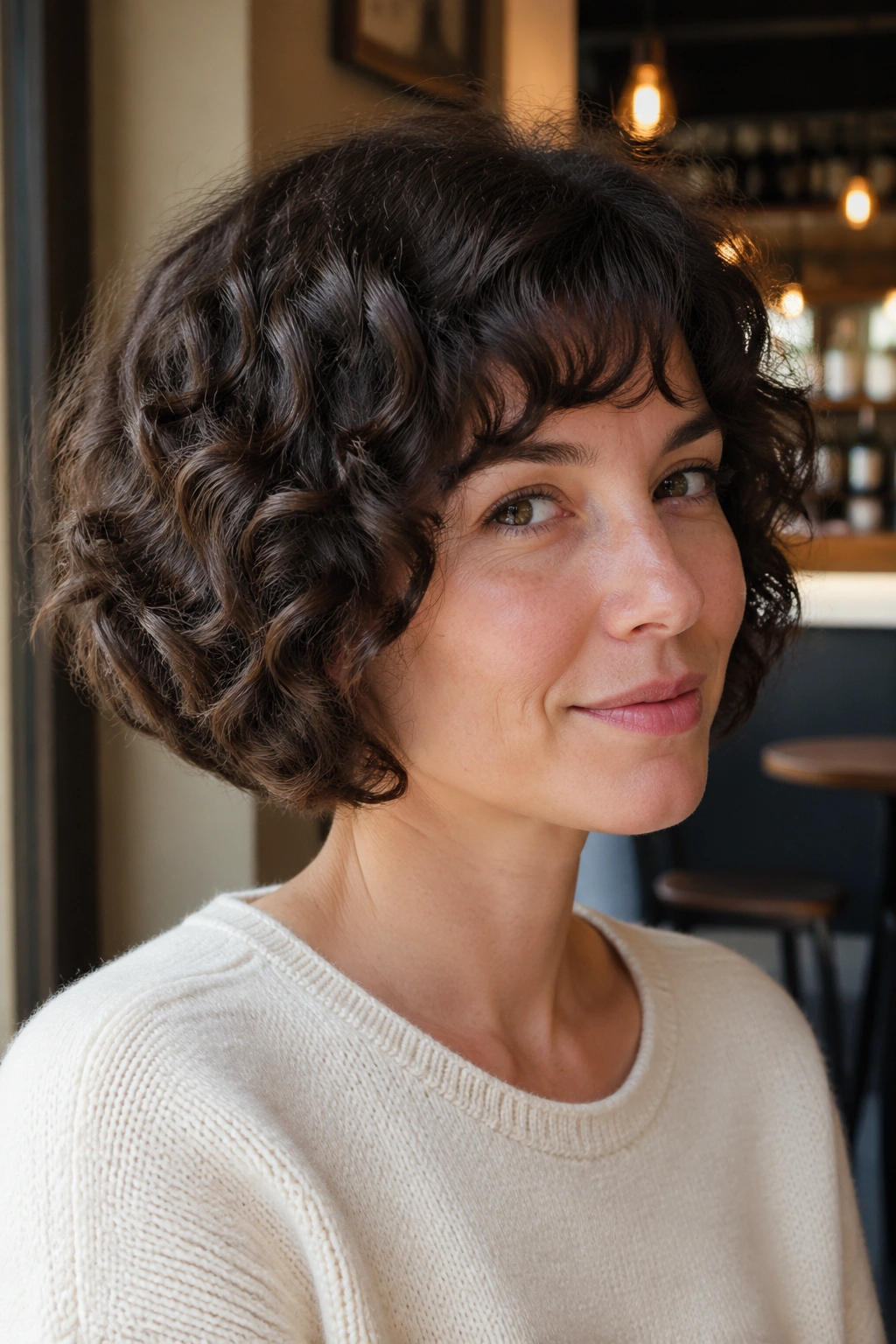 Close-up of real woman with Rounded French Bob and soft edge