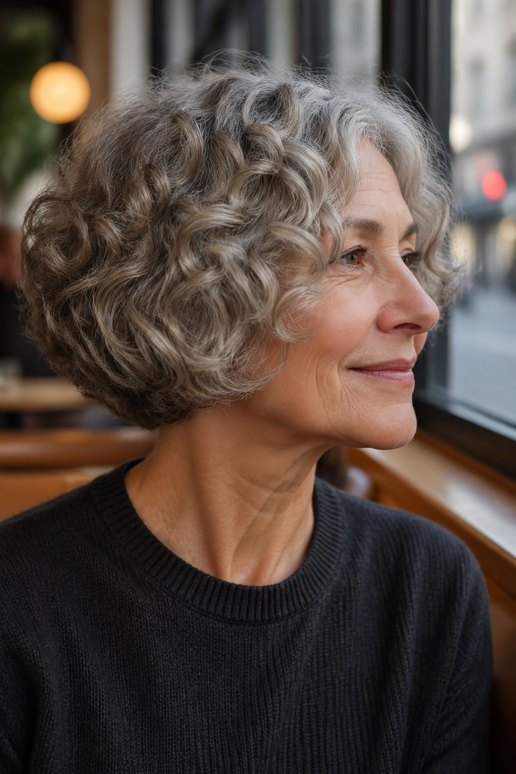 Real woman with rounded French bob in warm daylight