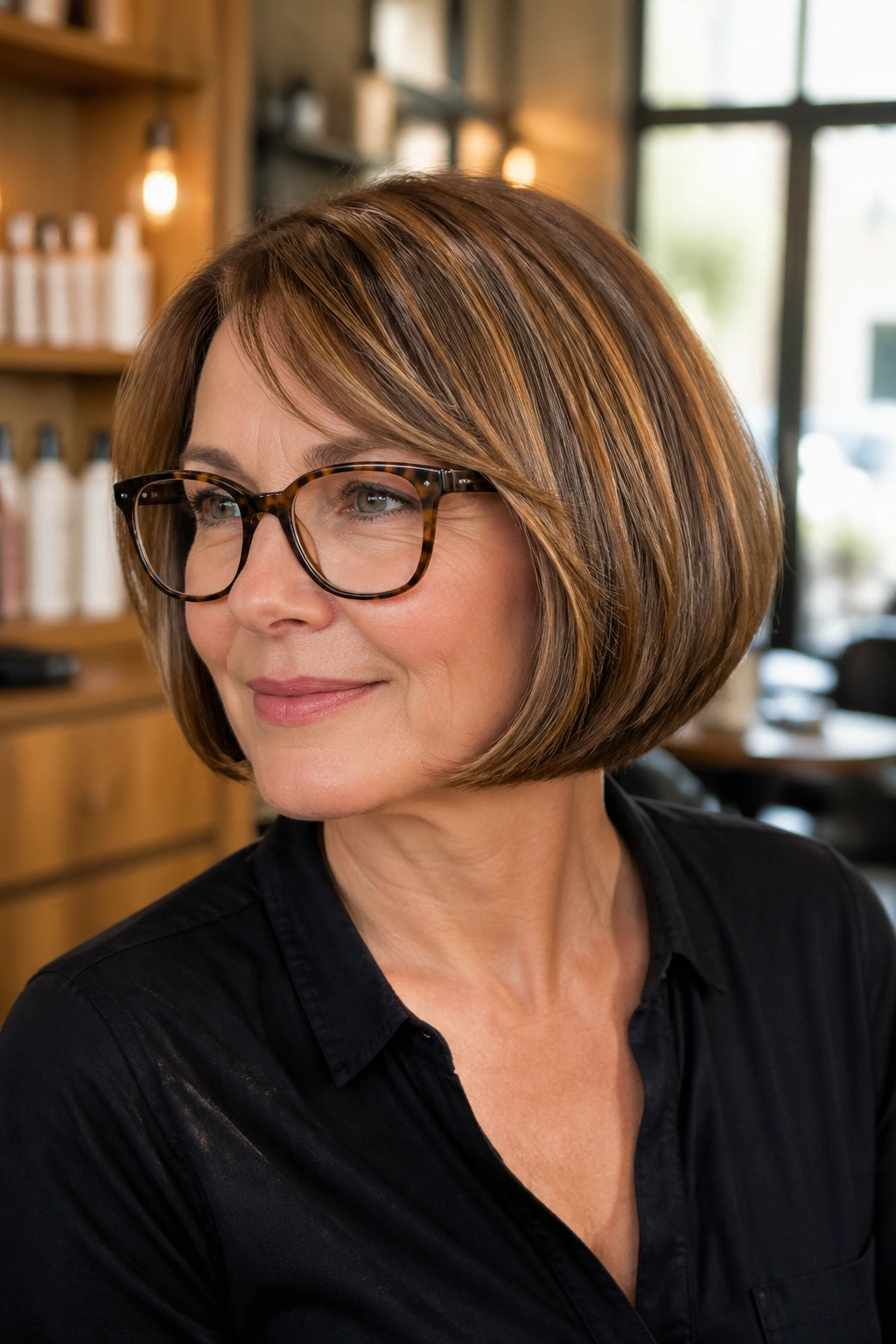 Close-up portrait of a real woman with a rounded jawline bob