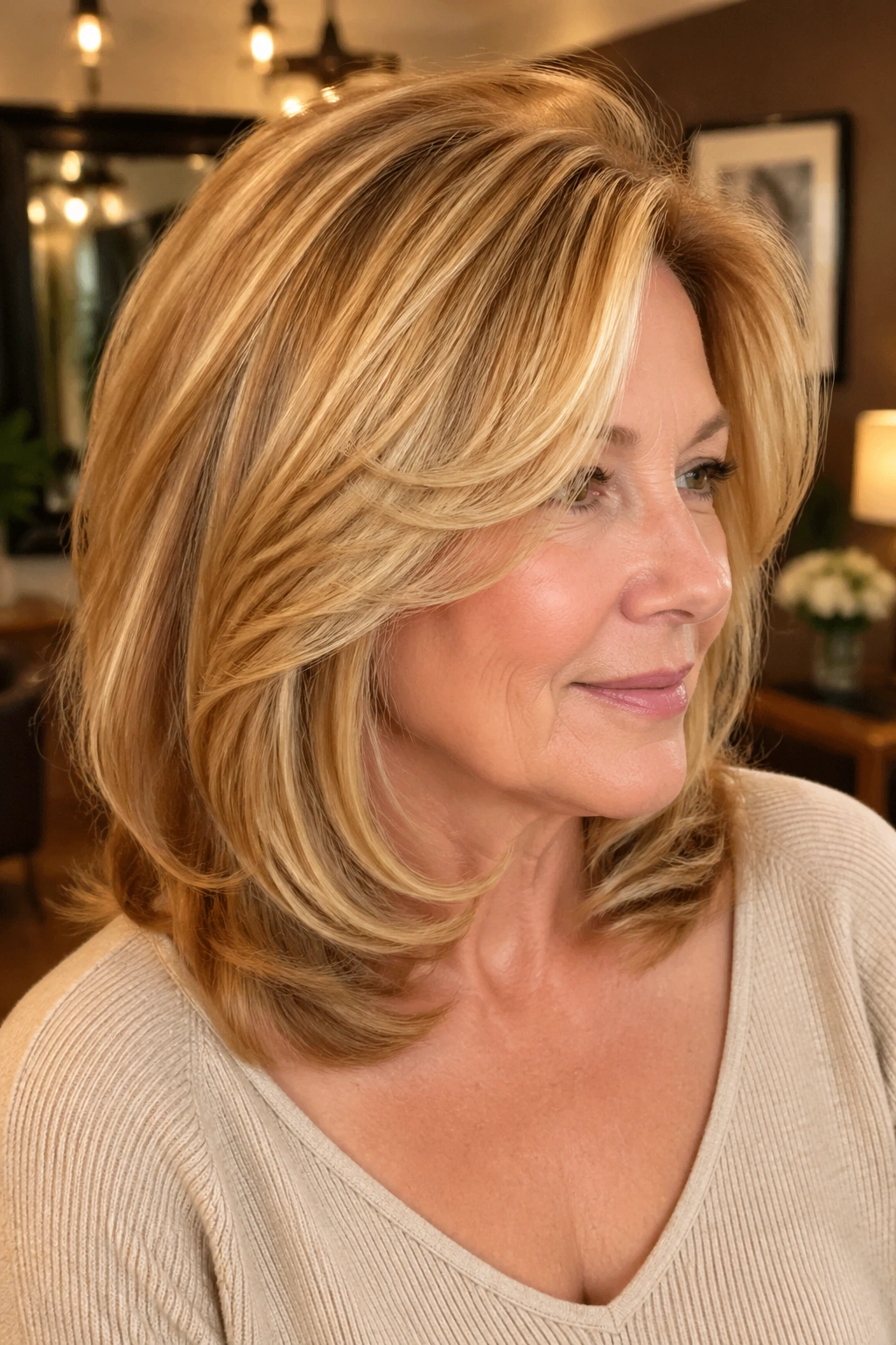 Close-up portrait of a real woman with rounded layers in warm golden blonde