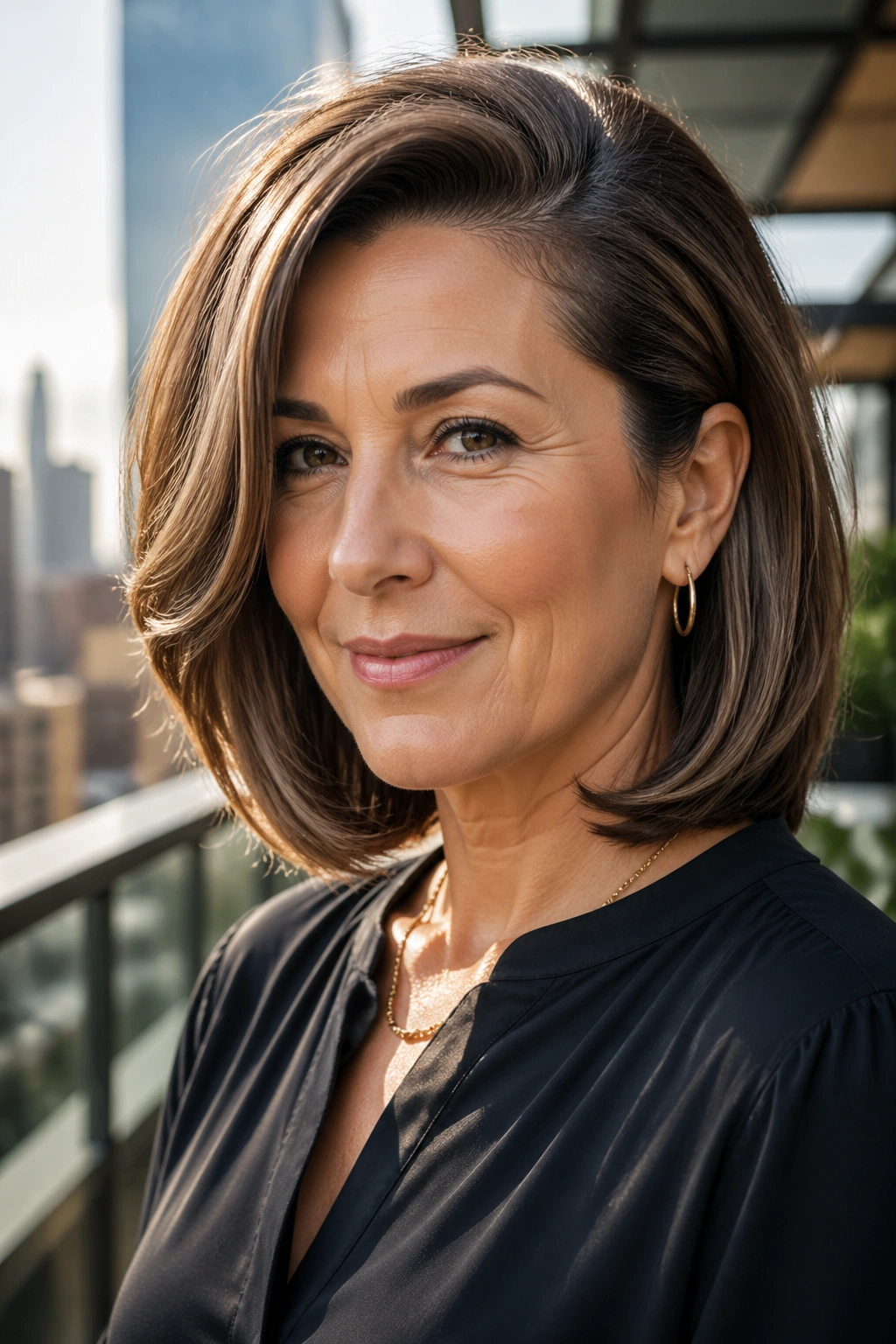Close-up portrait of a real woman with rounded lob and deep side part in sunny urban setting