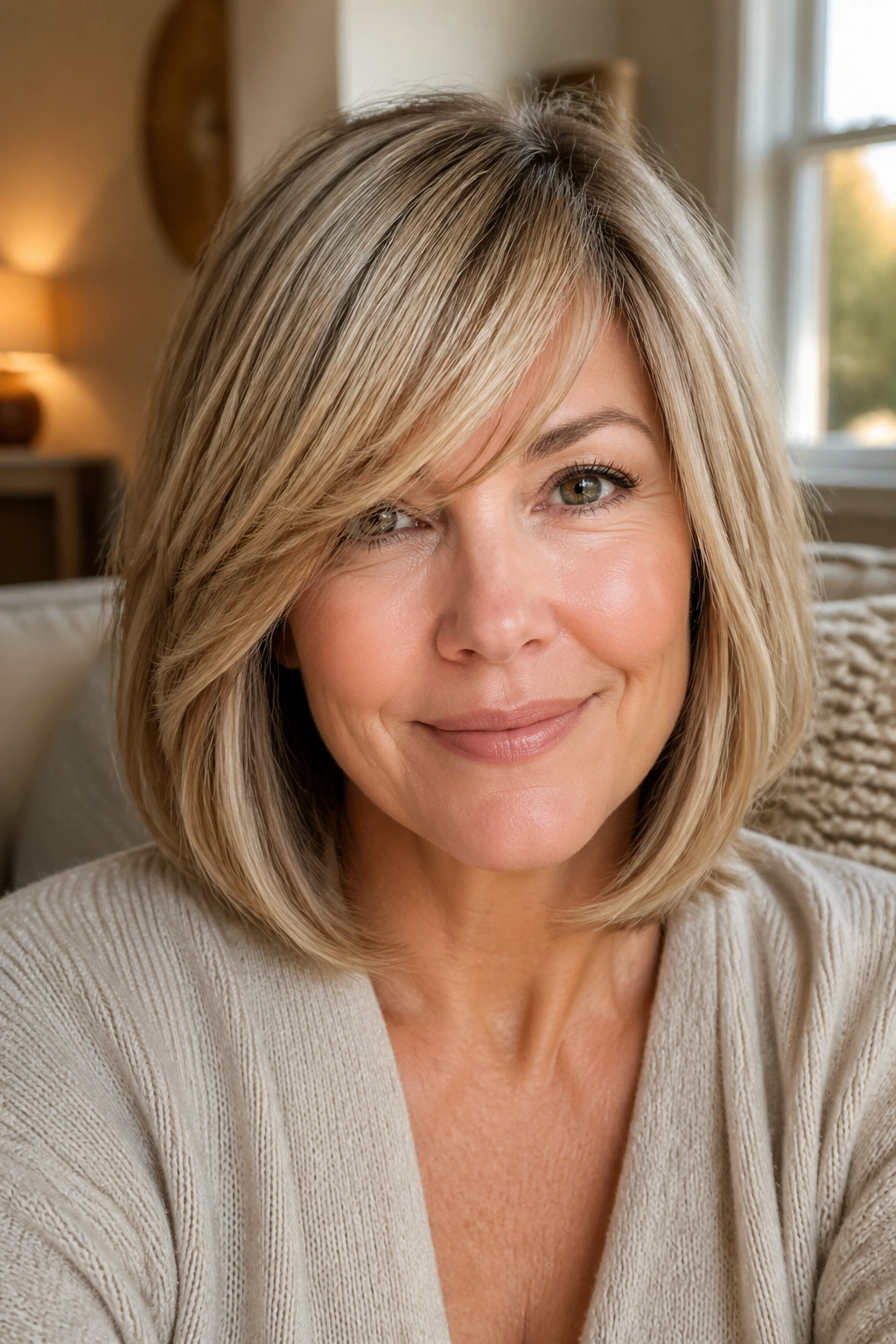 Close-up portrait of a real woman with rounded lob and side bangs