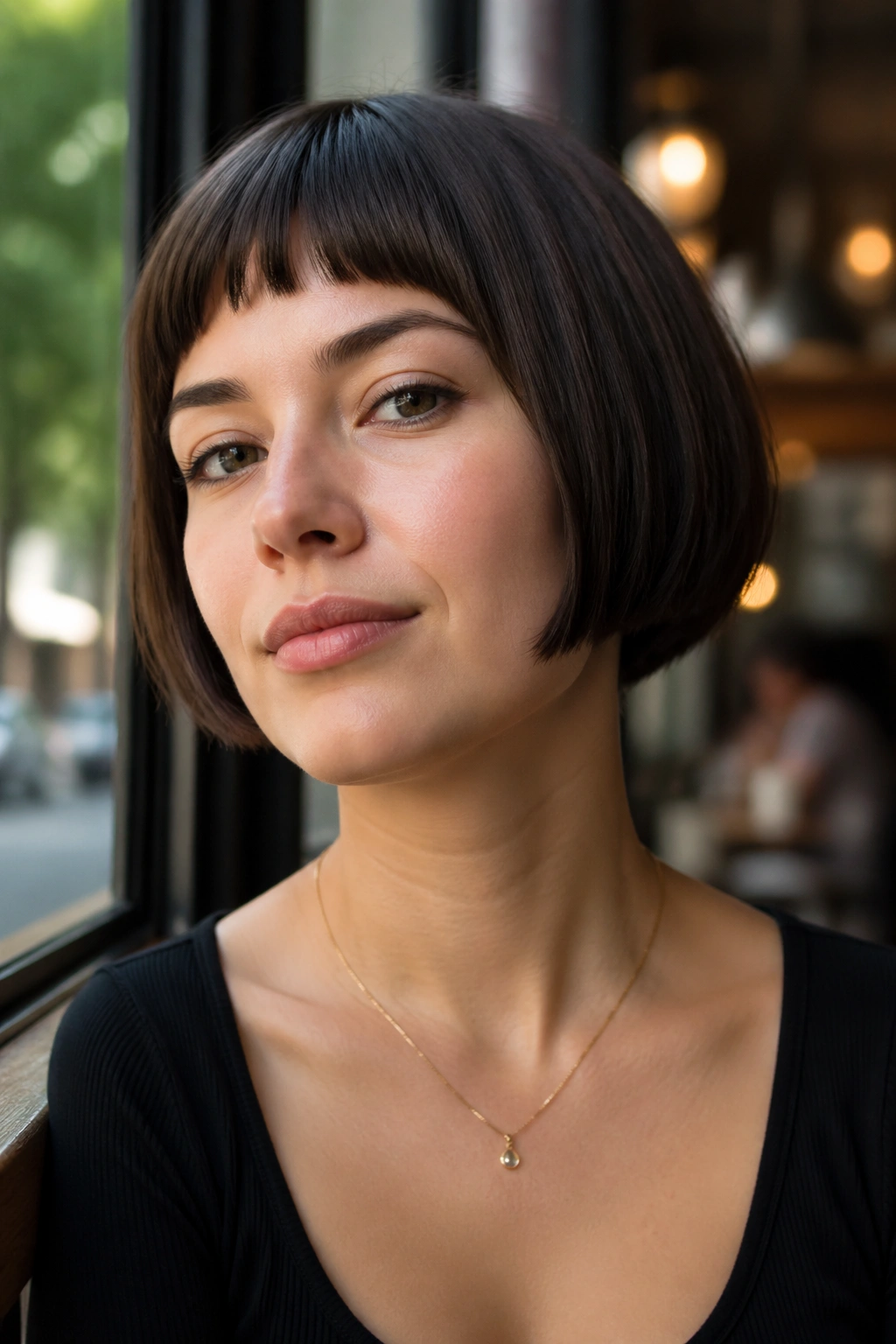 Close-up of a woman with rounded micro bob in cafe window light