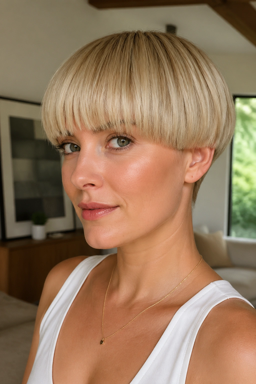 Close-up portrait of a real woman with rounded mushroom bob and clean line in blonde