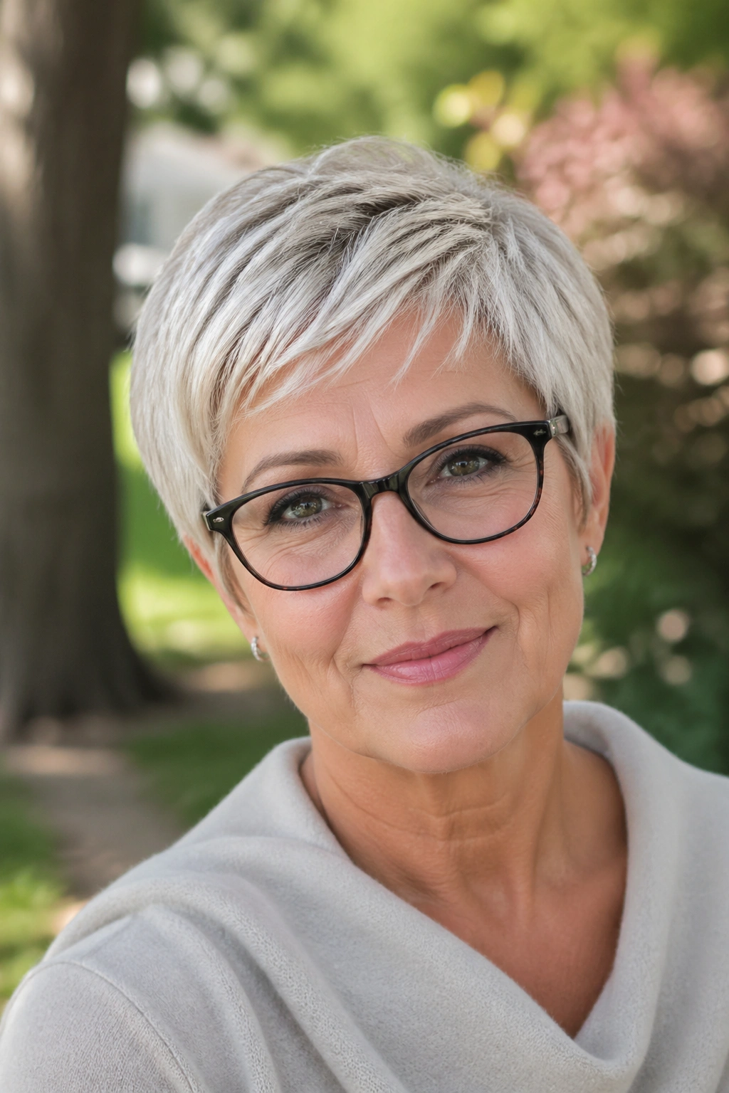 Close-up of a woman with rounded pixie softening the face.