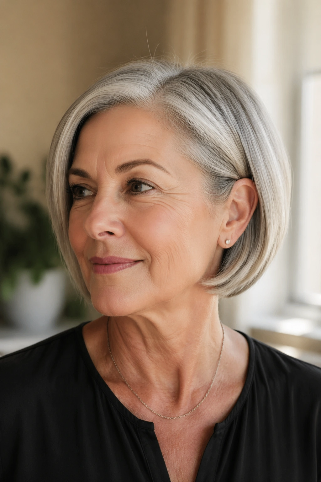 Real woman with rounded razor bob and tucked ends.