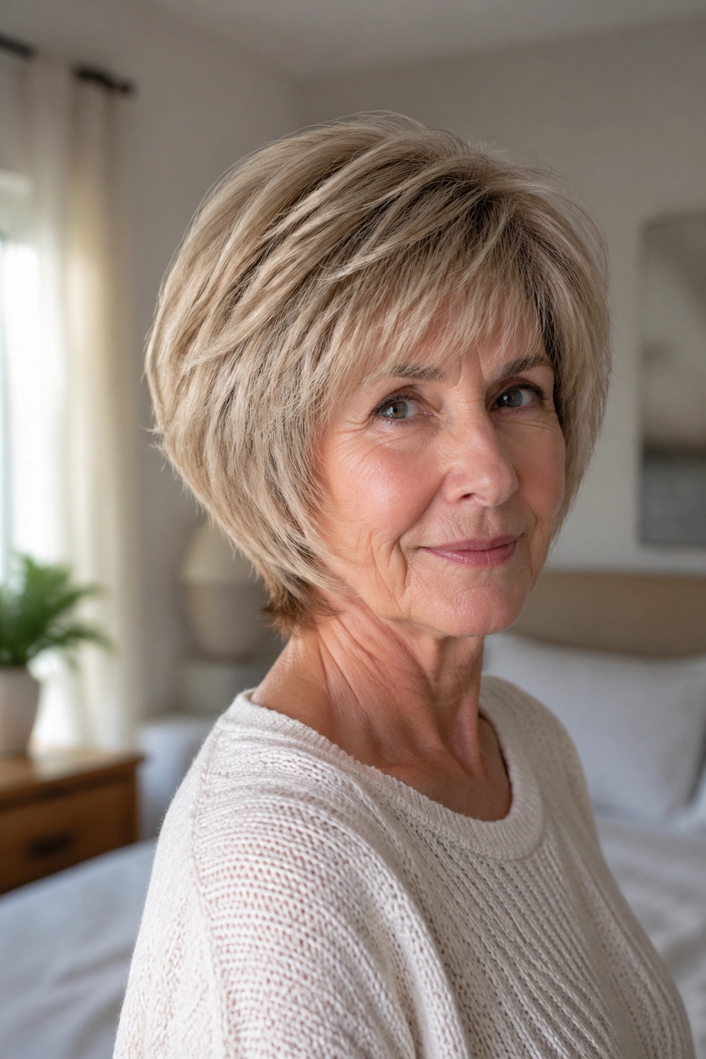 Close-up of an older woman with a rounded shag on straight hair in a softly lit bedroom.