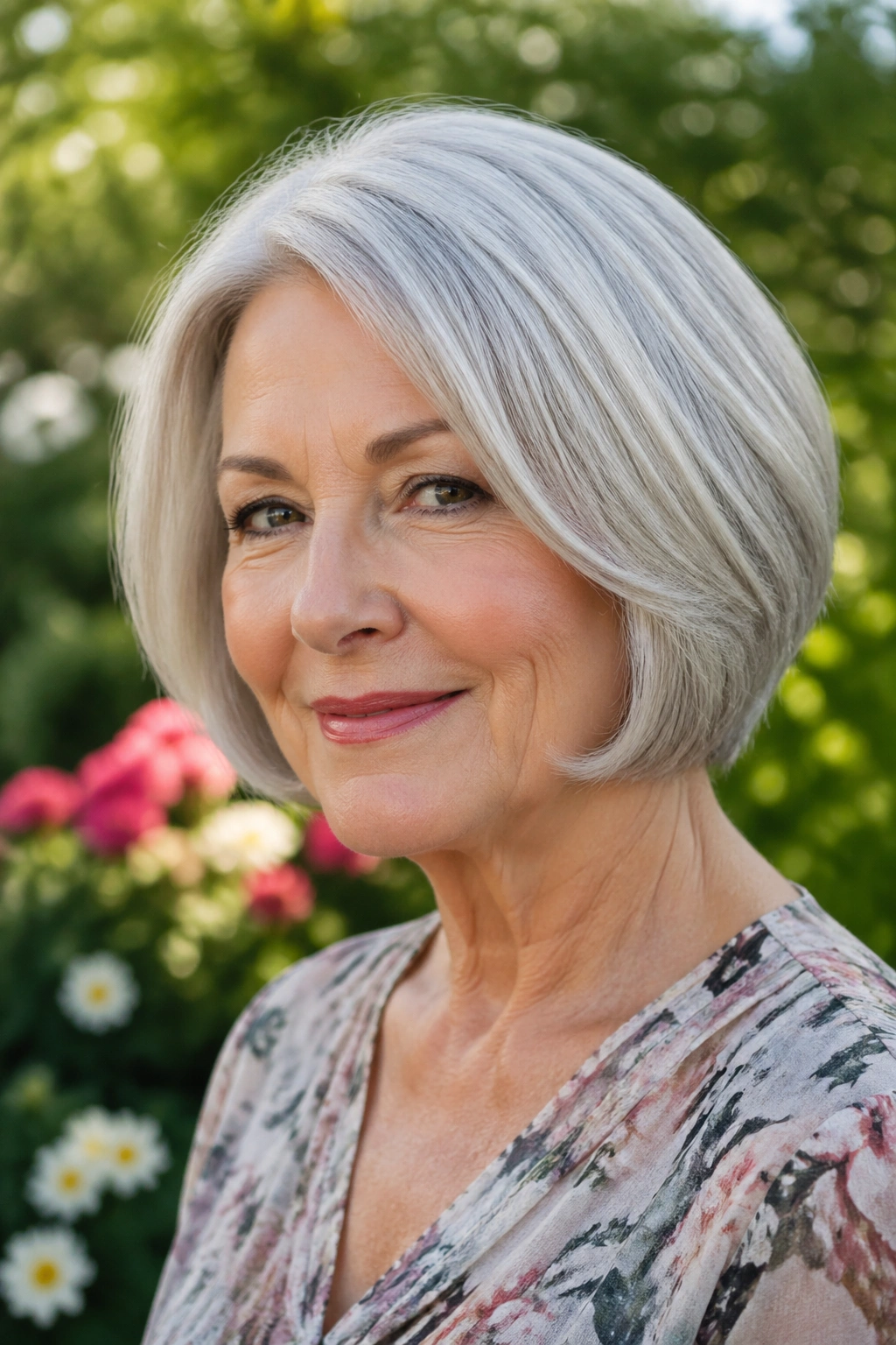 Silver-haired woman with rounded bob in natural light