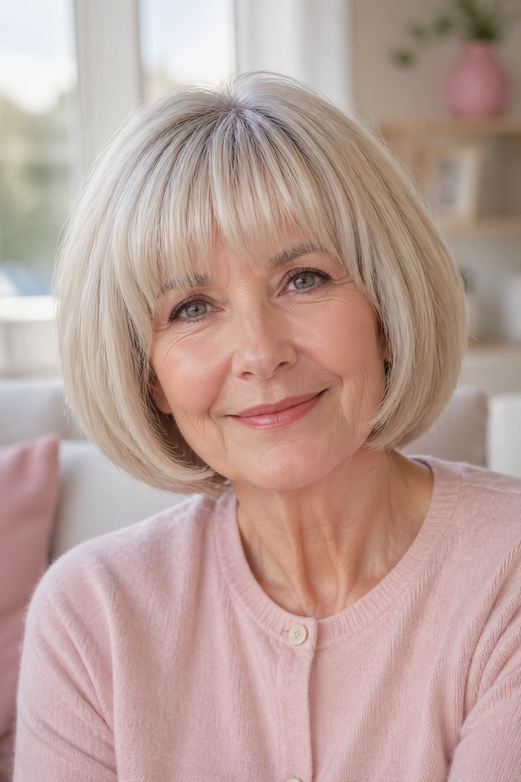 Close-up of a woman with rounded volume bob and full bangs in a cozy living room