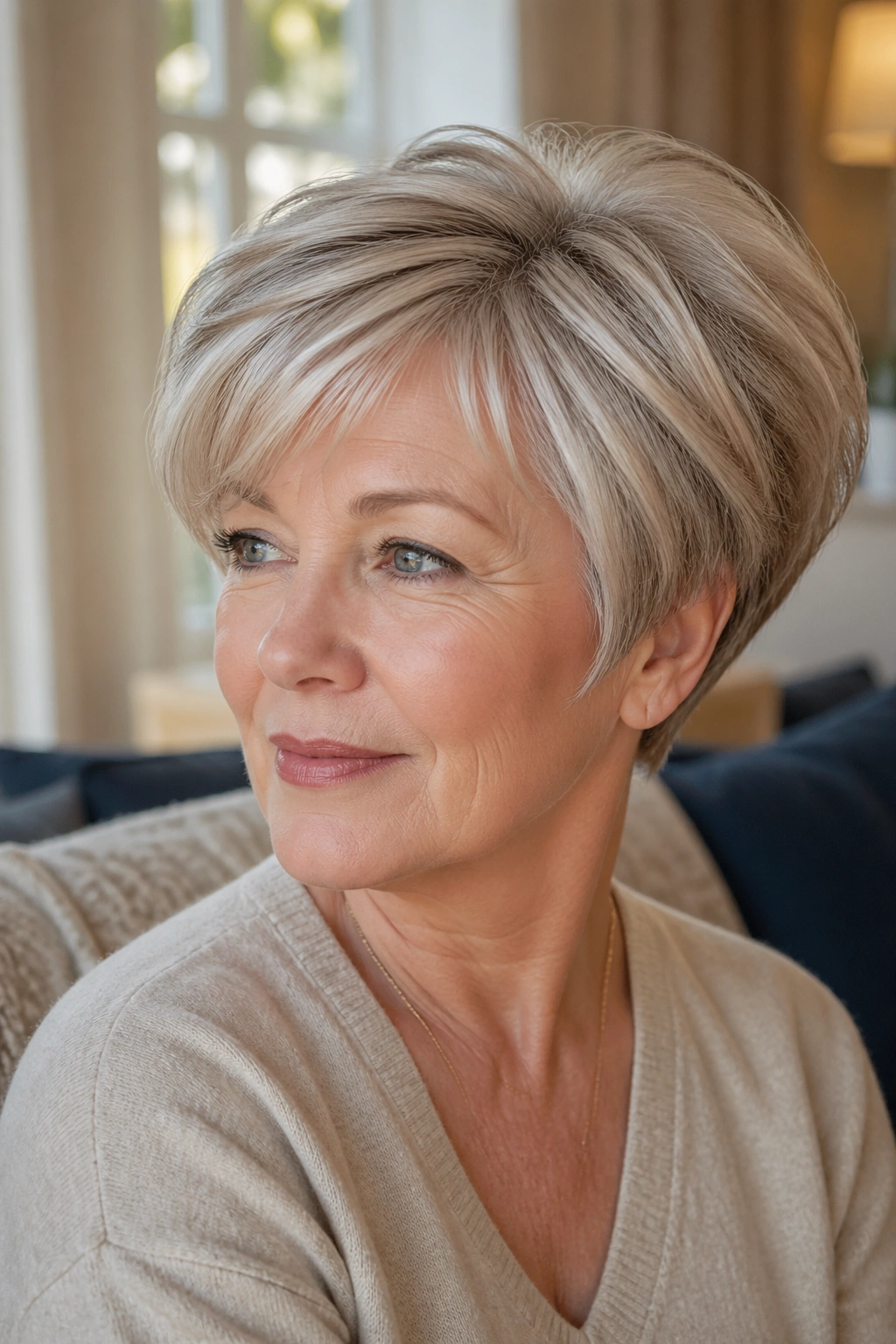 Close-up portrait of a real woman with rounded volume pixie on fine hair