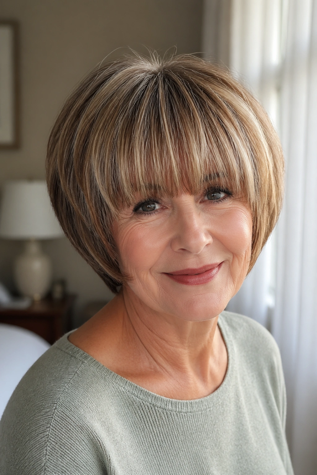 Close-up of a woman with rounded wedge and full fringe in soft daylight