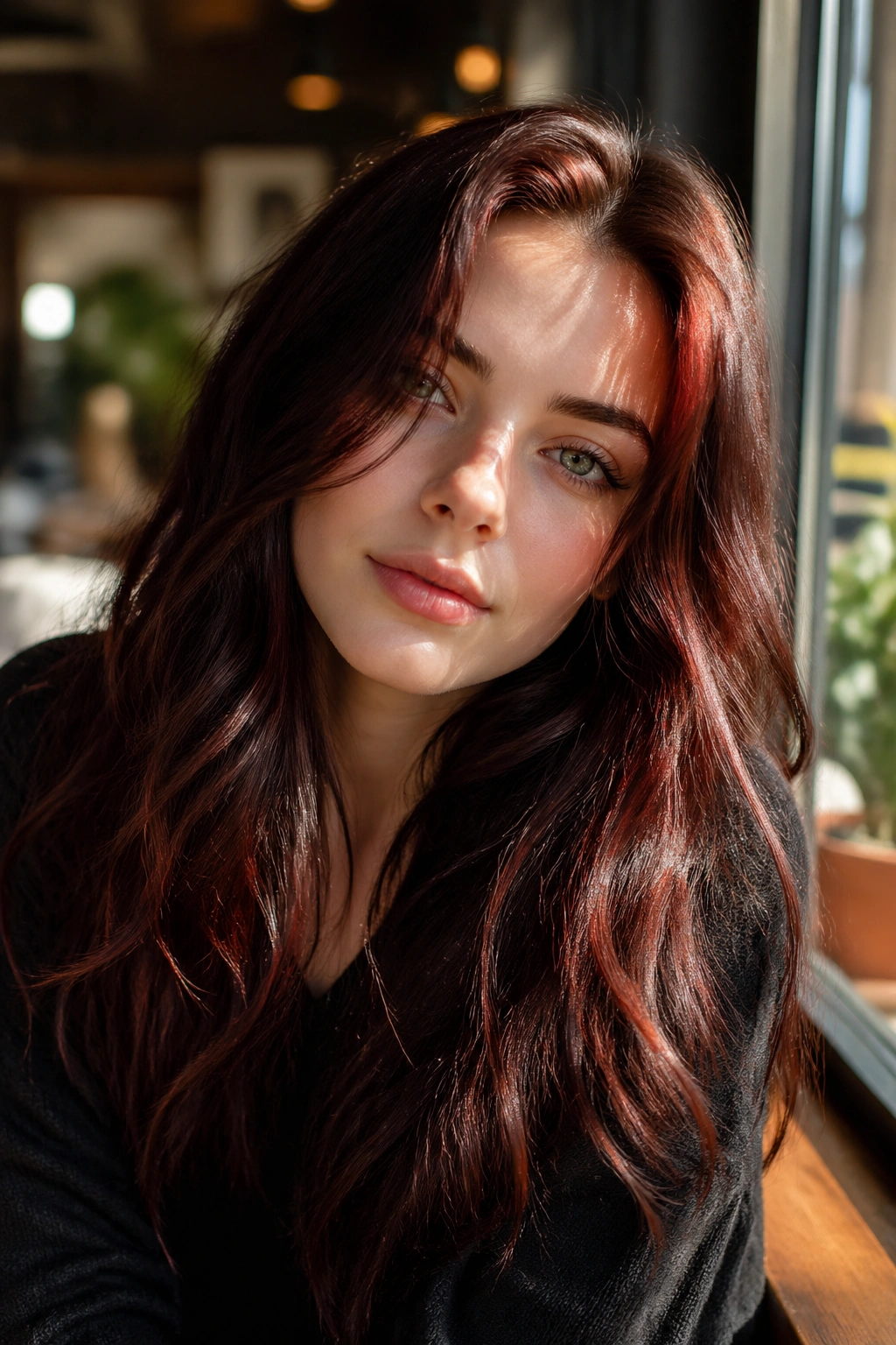 Close-up of ruby brown hair with ruby reflections in sunlight