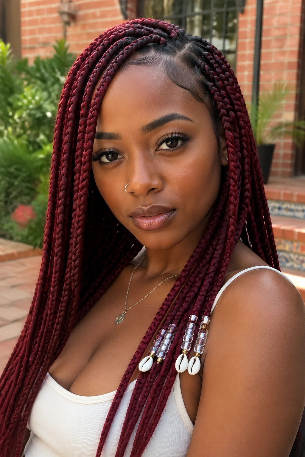 Close-up of a real woman with ruby red knotless braids adorned with beads and shells