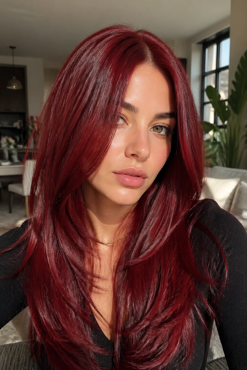 Close-up of a real person with ruby red sleek layered hair in natural warm light