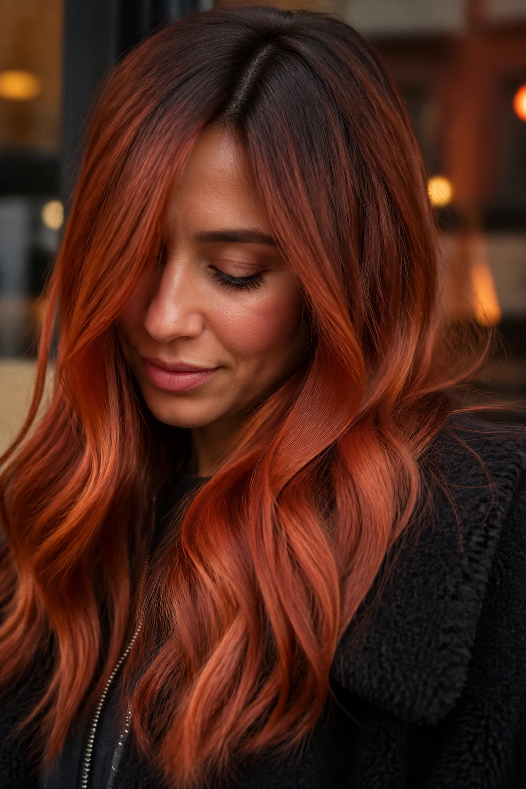Real person with rust copper hair and dark roots in close-up.