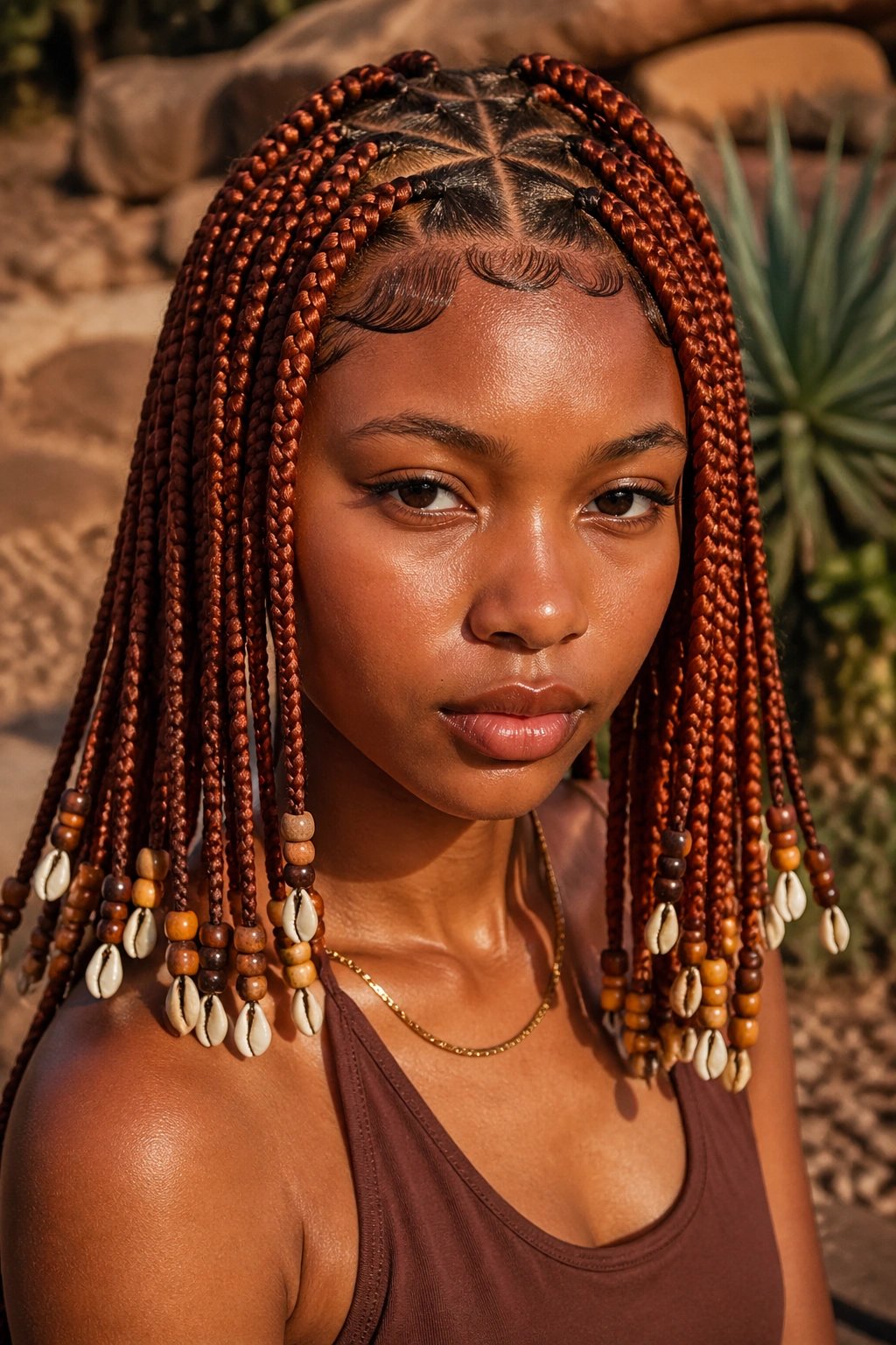 Close-up of a real person with rust orange triangle-part braids and cowrie shells.