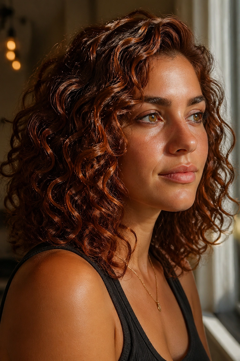 Close-up of rusted bronze brown hair on a real person, warm light highlighting bronze and rust tones