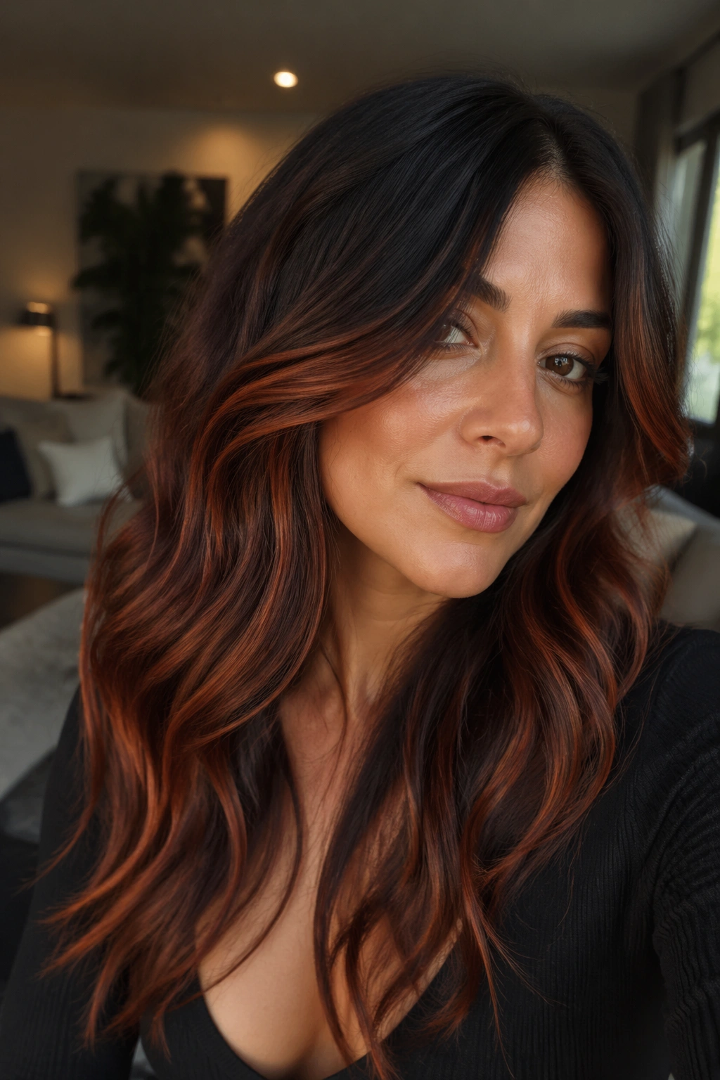 Real woman with rusted brunette ribbons in hair