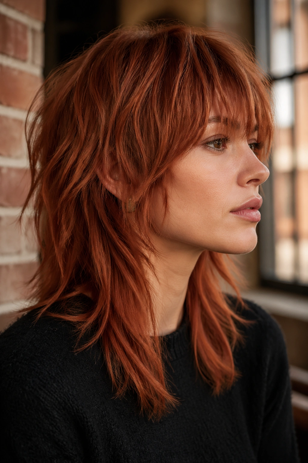 Portrait of a person with rusted copper shag hairstyle