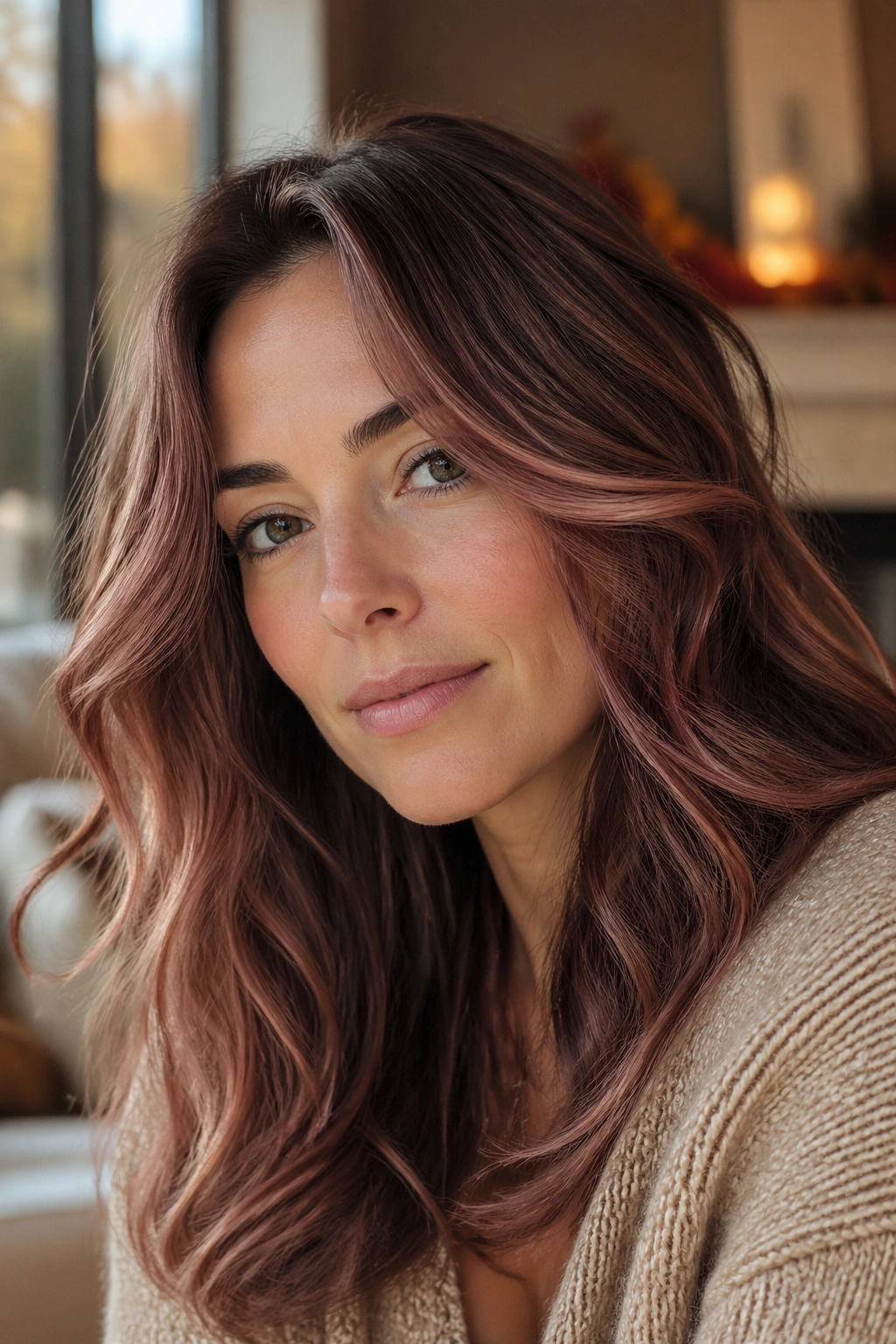 Close-up portrait of a real woman with rustic rose brown hair in warm autumn light