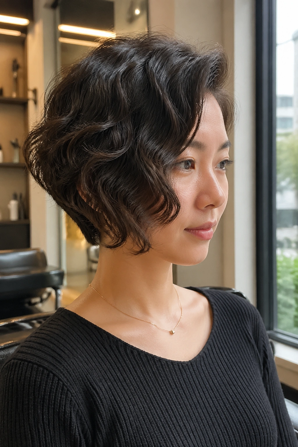 Portrait of a real person with an asymmetrical cut and S-wave curls