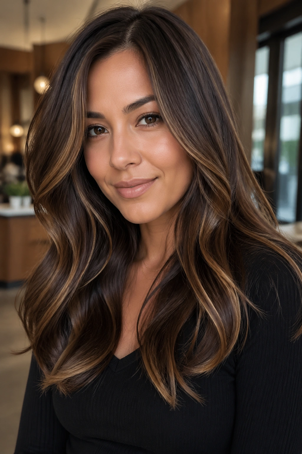 Close-up of a woman with sable brown hair and golden highlights indoors