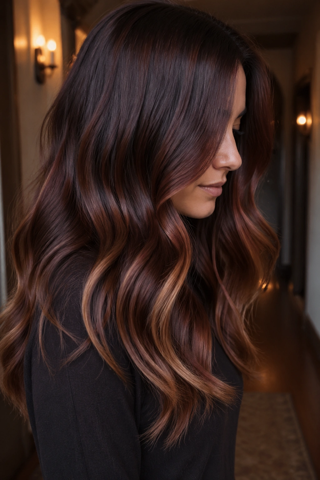 Profile shot of a person with sable mahogany hair fading to toasted ends.