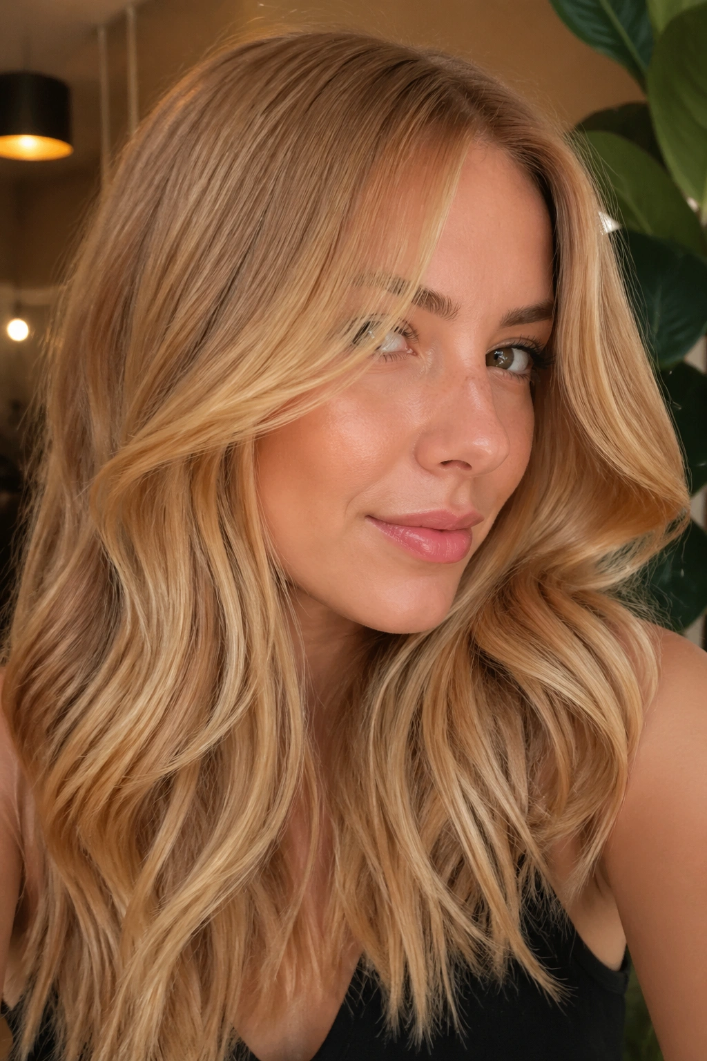 Portrait of a real person with saffron beige blonde hair in warm light