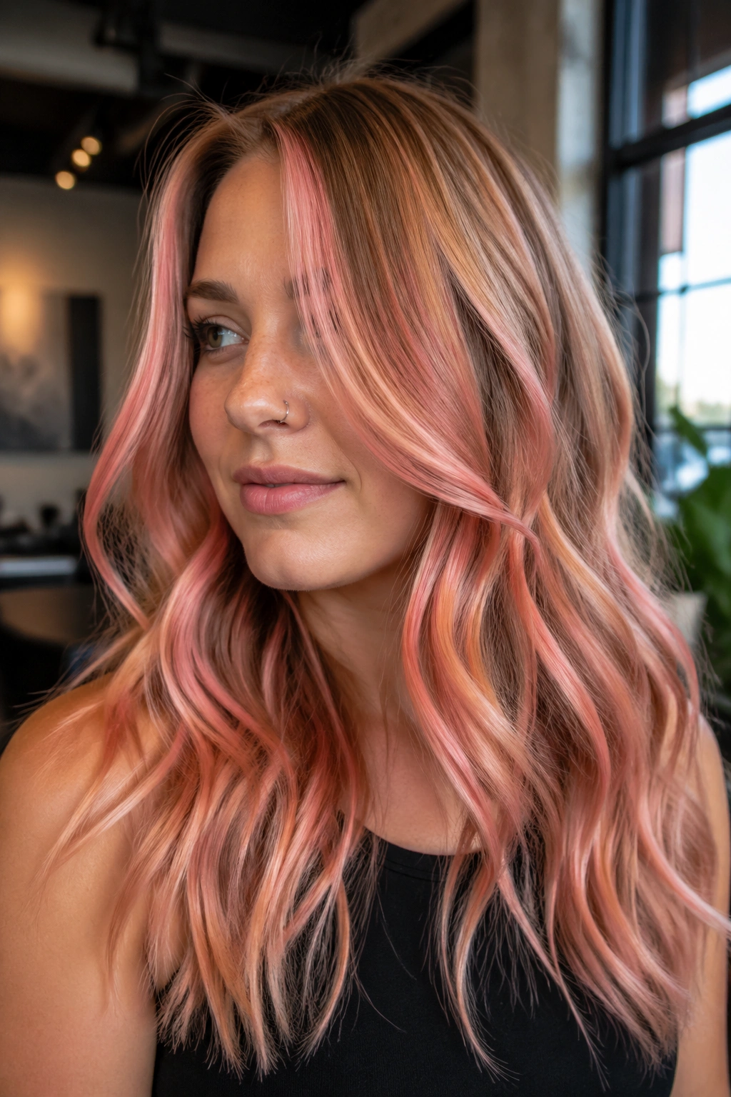 Portrait of a real woman with salmon pink dimensional weave in hair