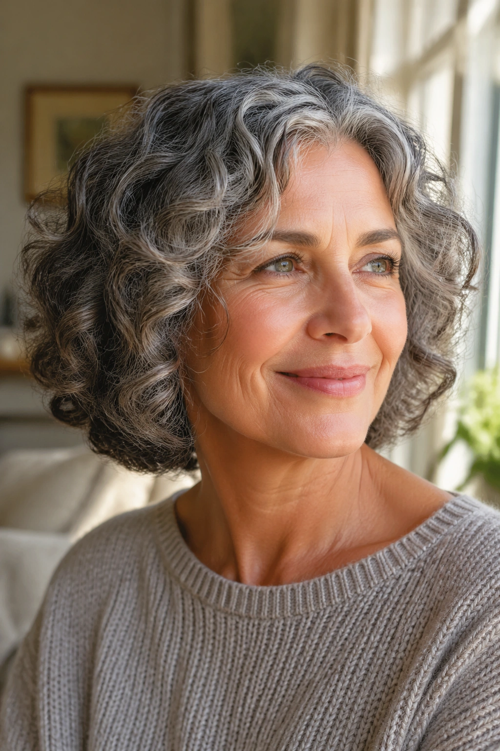 Close-up portrait of a real woman with salt-and-pepper curly bob and airy layers in sunlight