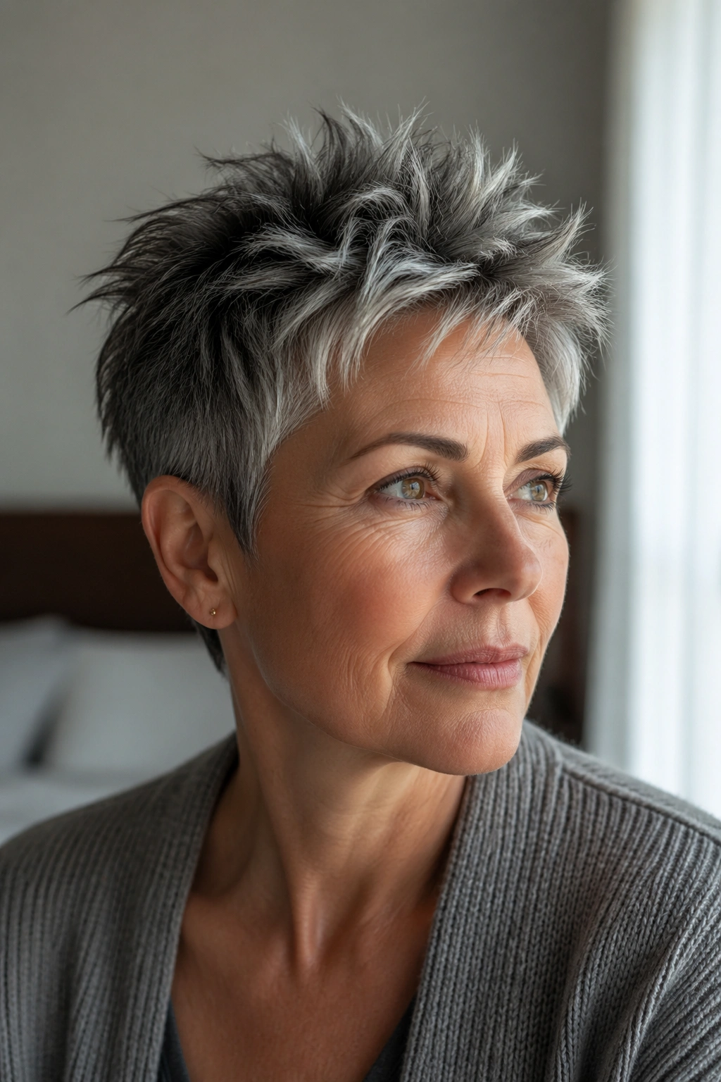 Close-up of a real woman with a salt-and-pepper crop and piecey top in soft window light